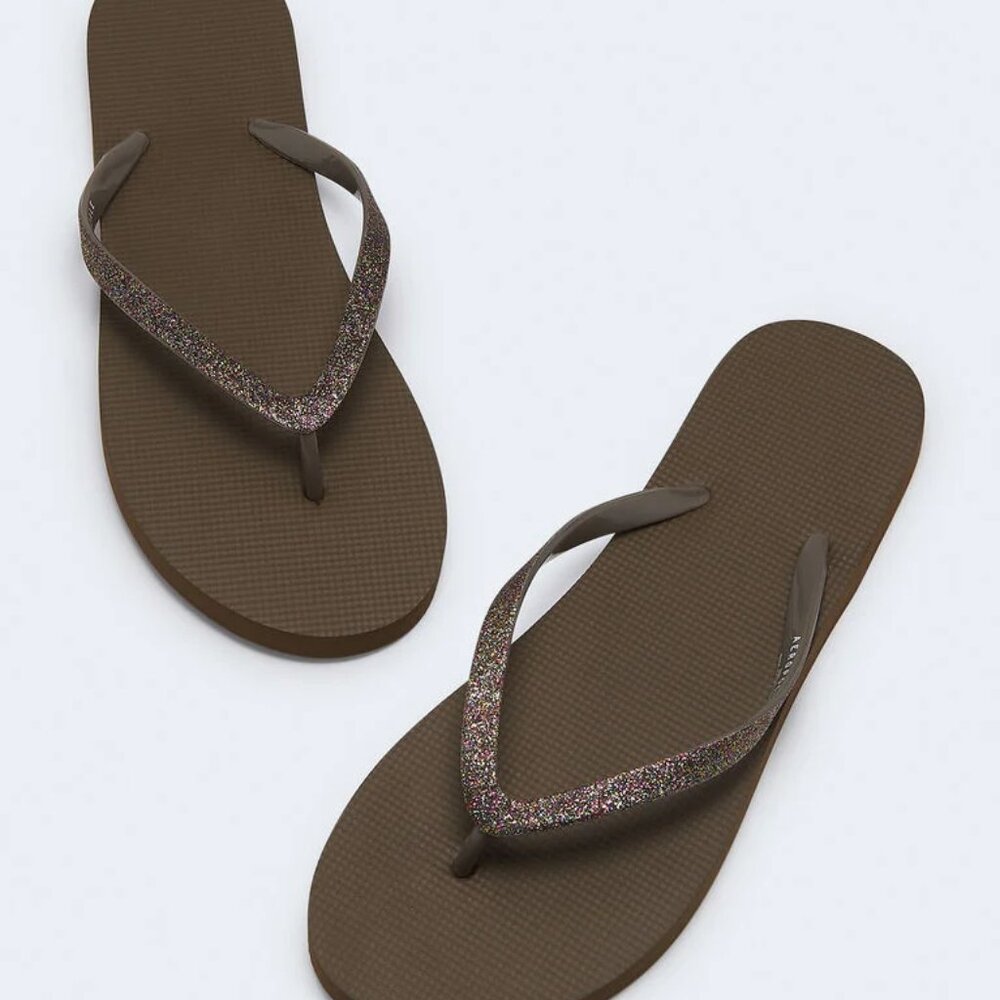 Womens Used Flip Flop Thong Sandals Brown with Gold Sparkles Size 7-8